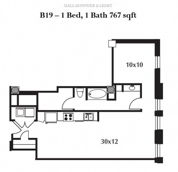 Floor plan for 1 bed, 1 bath, 767 sqft